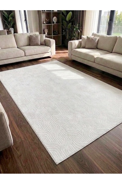 NaRStore Home Elit Kabartmalı Krem Yıkanabilir Kaymaz Taban Kesme Yolluk Salon Mutfak Oturma Odası Halı