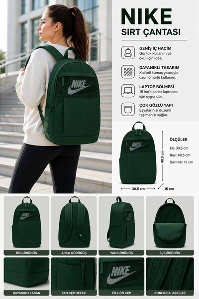 Nike Unisex Koyu Yeşil Sırt Çantası 15" Laptop Bölmeli Okul Günlük Spor Seyah...