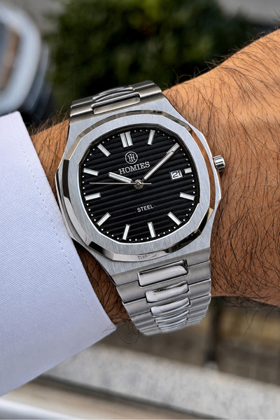 Homies Eşref Single Model-Black Dial-Case and Band Steel Men's Wristwatch-Spe...