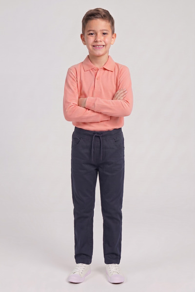 nacar çarşı Boys' Salmon Long Sleeve Polo Collar T-Shirt Navy Blue Ribbed Wai...