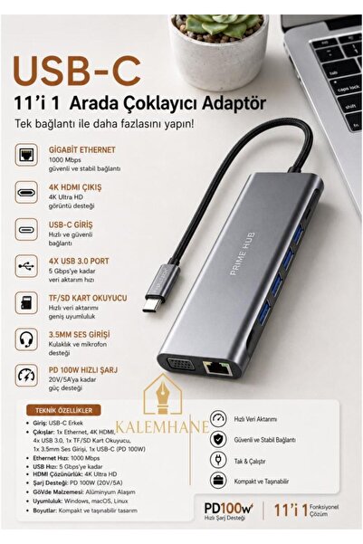 kalemhane FULLTECH USB-C 11'i 1 Arada Çoklayıcı Adaptör
