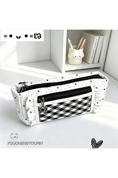 Choice Pencil Case 1Pc Korean-Style Black and White Star Pencil Bag, Checkerb...