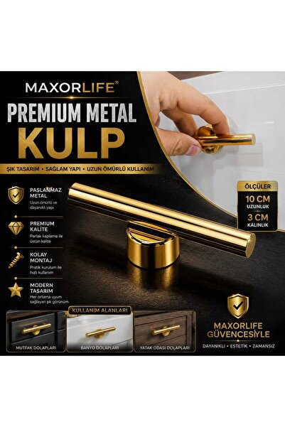 MAXORLİFE Premium Metal Dolap Kulpu Altın Renk 10 cm | Paslanmaz Mobilya Çekm...
