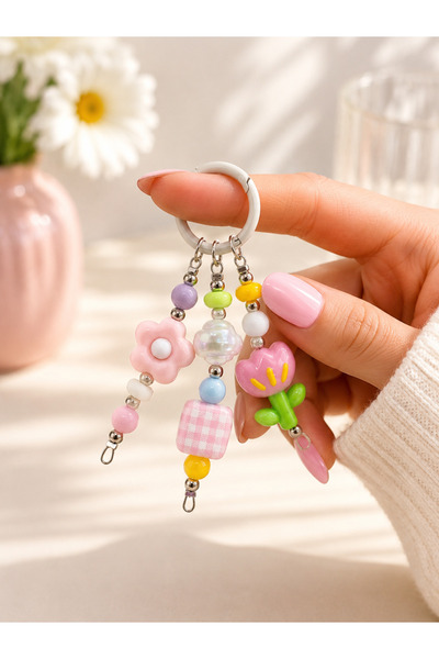 Viranes Floral, beaded, tulip-shaped bag charm, keychain, phone charm with pi...