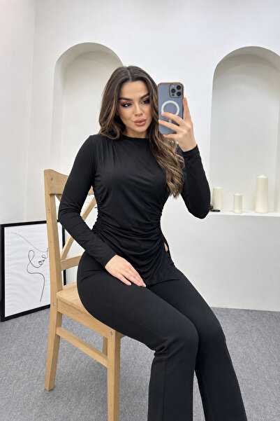 İpli Drawstring Slit Long Sleeve Blouse