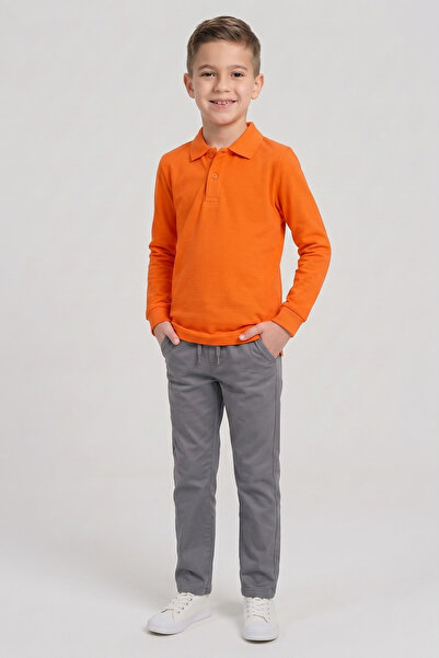 nacar çarşı Boys' Orange Long Sleeve Polo Collar T-Shirt Gray Ribbed Waist Ca...