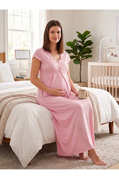 Lohusa Homewear فستان نوم للحوامل من القطن بنسبة 100% بأكمام قصيرة وتفاصيل من...