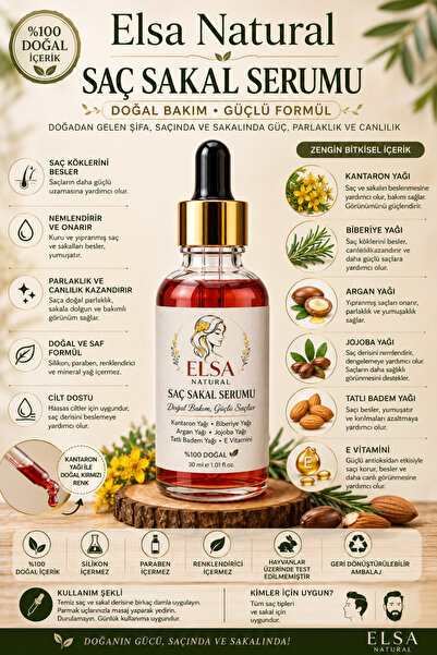 ELSA NATURAL Saç Sakal Serumu 30 ml | Kantaron, Argan, Biberiye, Jojoba, Tatl...