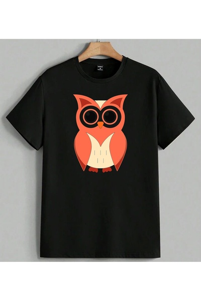 ELFERA Red Owl Line Art Printed Unisex Oversize T-Shirt Black