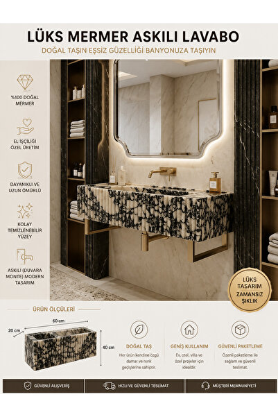 ESİLA MARBLE Lüks Askılı Menekşe Mermer Lavabo Siyah Beyaz Doğal Taş Banyo La...
