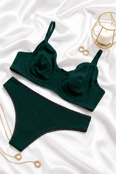 İNKO İÇ GİYİM Plus Size Cotton Green Camisole Bra Set