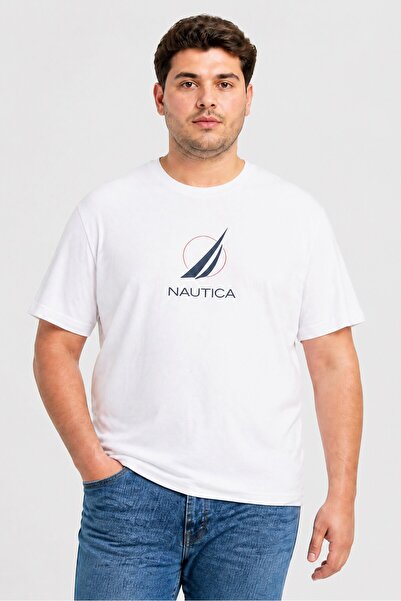 Nautica تي شيرت رجالي بشعار العلامة التجارية بأكمام قصيرة ورقبة دائرية، أبيض
