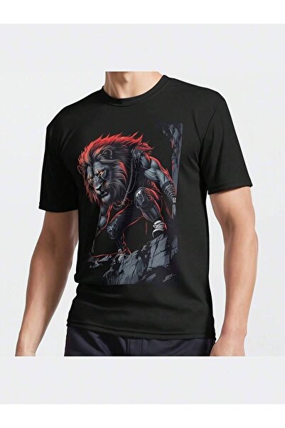9TAY تي شيرت رجالي بتصميم أسد متزلج - تي شيرت أسود بياقة مستديرة على الطراز ا...