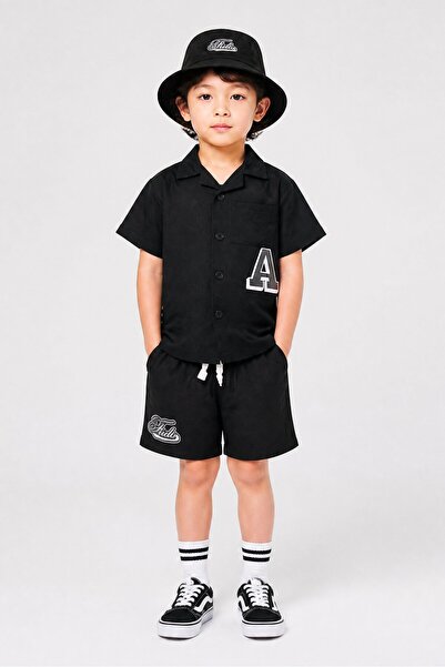 Fudo Kids Boy 3 Pieces Graphic Print Shirt And Shorts With Hat Set, Black