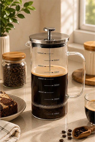 Tohana Metal Kapaklı 1000 ml French Press – XL Büyük Boy Isıya Dayanıklı Boro...