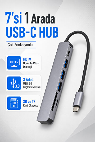 Coverzone Type-C 7'si 1 Arada USB-C Hub HDMI 3 USB 3.0 SD TF Kart Okuyucu PD ...