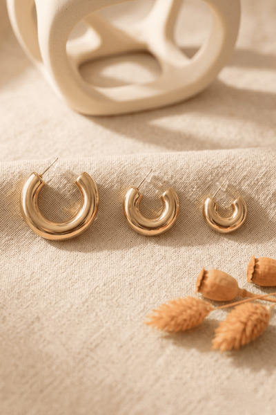 Elika Silver Gold Color Curved 3 Size Hoop Earrings