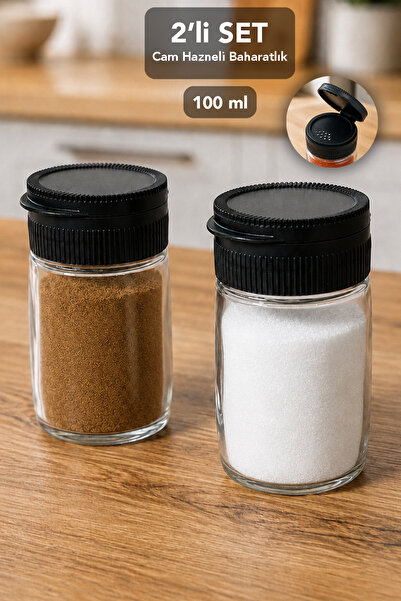 Meleni Home 2-Piece Spice Jar Set - Modern Black Glass Spice Jar with Self-Cl...