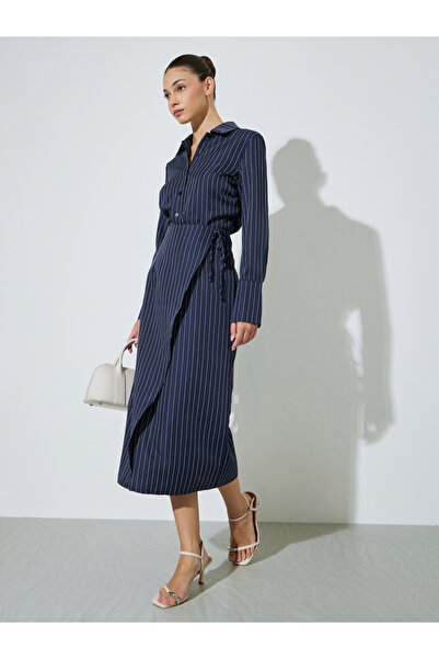 Styli Navy Blue Pinstripe Wrap Midi Skirt