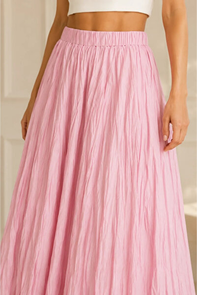 bysoca Women's Pink Gathered Crinkle Linen Textured Bohemian Long Skirt Elast...