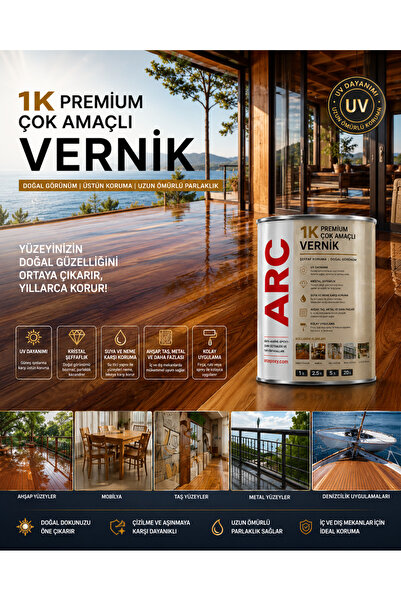 ARCMARİN KİMYA VE DENİZCİLİK HIRDAVAT 1K Çok Amaçlı Vernik -Solvent Bazlı Taş Ahşap Duvar ve Boya üzeri UV Dayanımlı Koruyucu Cam Vernik