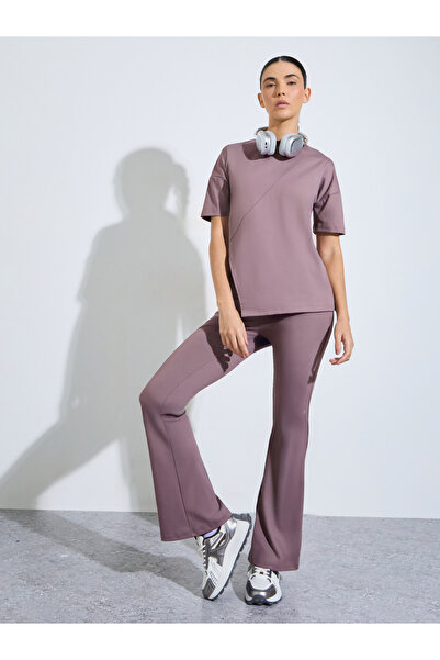 Styli Pink Logo Side Slit Top and Ruched Waist Detail Flared Pants Set