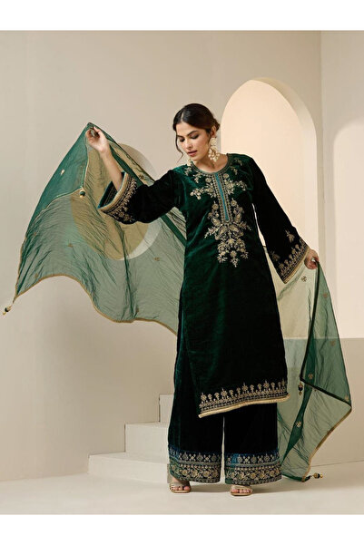 Ishin By Styli Green Velvet Printed Tunic, Palazzo and Dupatta Set