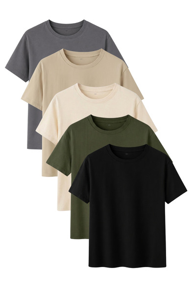noetr Men's 5-Pack Cotton Basic T-Shirt Dark Gray Stone Beige Khaki Black