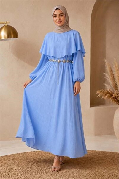 Dipmoda Women's Blue Waist Chain Belt Cape Detailed Premium Hijab Dress Dpelb015