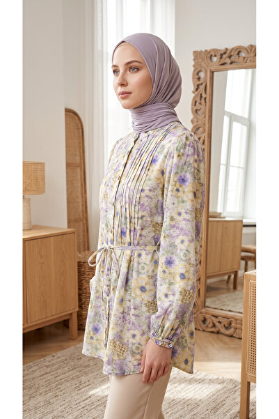 3B Stil Tunica cu model floral, cu dantelă și nasturi