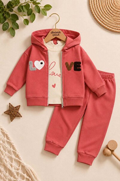 dinamik çocuk Baby Girl Love Embroidered Hooded Cardigan 3-Piece Top and Bott...
