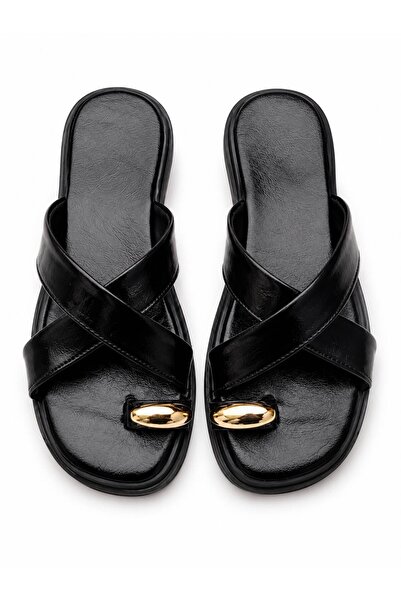 GNY AYAKKABI Gny Women's Black Cross-Strapped Gold Buckle Slippers Daily Comf...