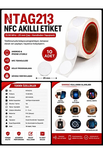 DORNEX ELEKTRONİK NTAG213 NFC KODLANABİLİR KİLİTSİZ YAPIŞKANLI 25MM AKILLI ET...