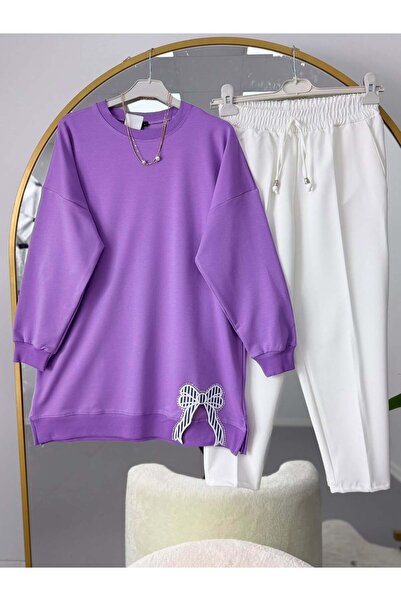 modasindoma Ribbon Embroidered Hijab Tunic with Pants Set Purple