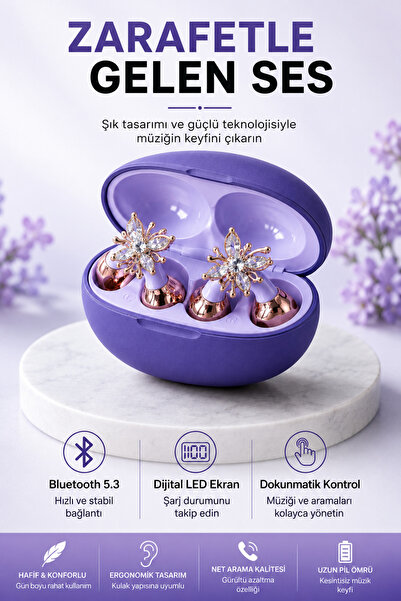 Ayers Kristal Çiçek Charm Tasarımlı Kablosuz Bluetooth 5.3 Kulaklık, Dijital ...