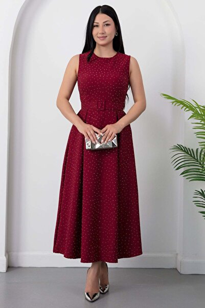 PULLIMM Oval neck belted stone crepe dress grs4095