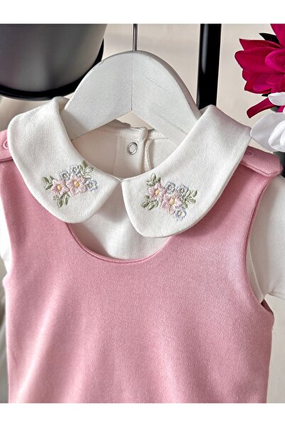 Mama Miel Baby Dusty Rose Combed Cotton Salopet and Floral Embroidered Collar...