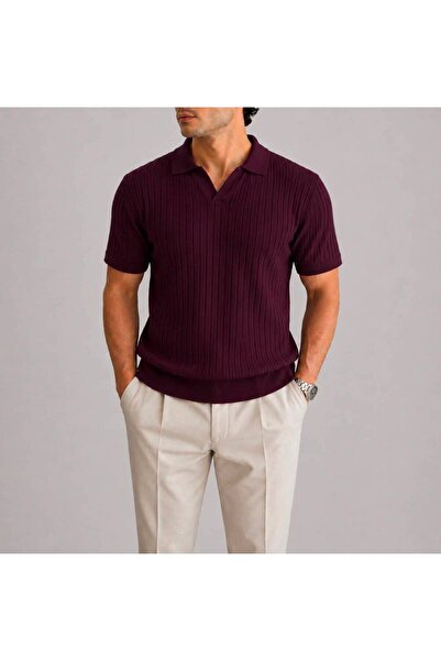 LUVON Burgundy Polo V-Neck Short Sleeve Men's T-Shirt