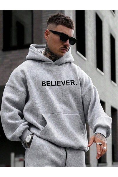 WESTİMO Men's Gray Believer Printed 3 Thread Hooded Hoodie Sweatshirt