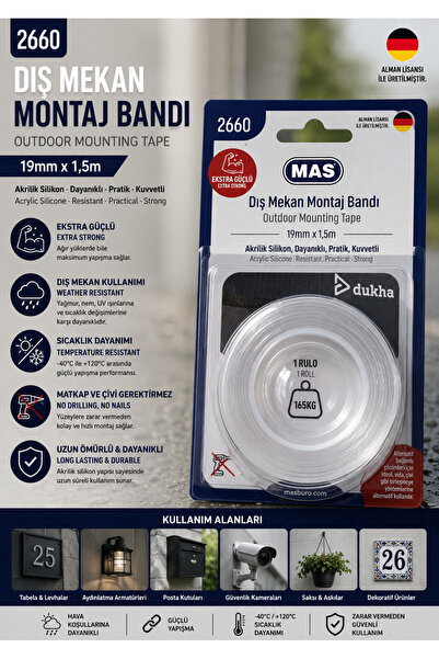 Mas Çift Taraflı Dış Mekan Montaj Bandı Slikon 19MM*1,5Metre