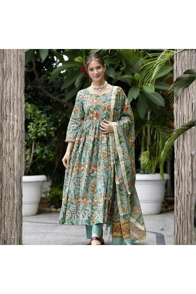 MYSMAR Green Viscose Kameez Salwar & Dupatta - VRN1011 | Green-Size:XL-42-Inches