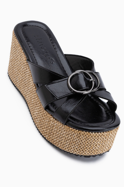 Limoya Malena Black Straw Wedge Heeled Women's Slippers