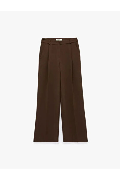 Koton Crepe Fabric Pocketed Pleated Detailed Straight Wide Leg Palazzo Trousers