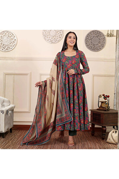 MYSMAR Dark Green Viscose Flower Print Anarkali Set - VRN1024-Dark Green-Size...
