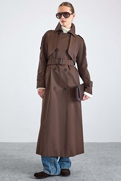 Olcay Long Trench Coat with Cape and Epaulette Detail, Button Accessories, Wa...