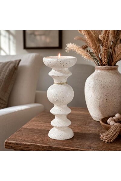 Warehouse Sculpted Decorative Candlestick with Stone Texture – Off-White