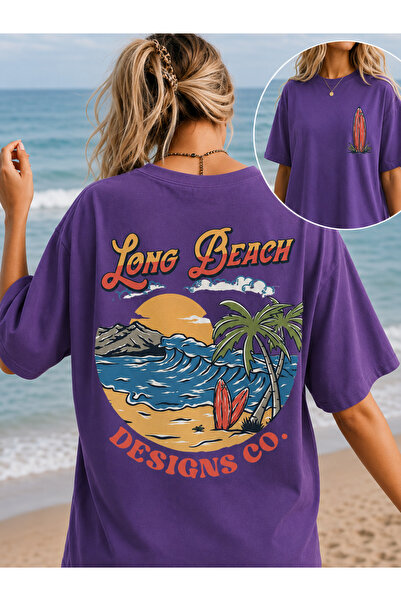VODEXA تي شيرت نسائي كبير الحجم مطبوع عليه LONG BEACH مصنوع من القطن بنسبة 10...