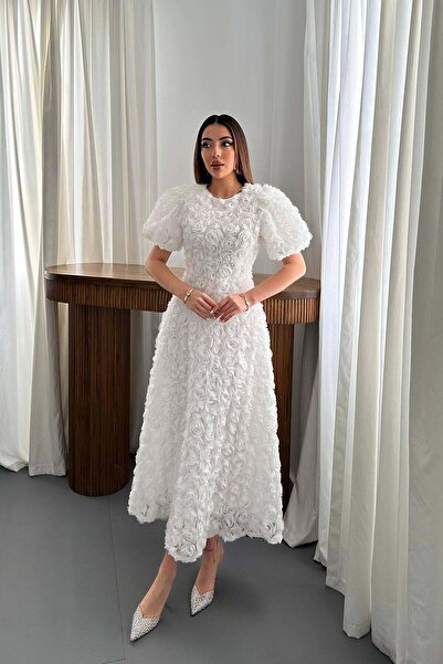 Clothes Fast Women's White Midi Rose Appliqué Balloon Sleeve Round Neck Lined...