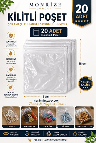 Monrize Concept 15x18 cm Kilitli Poşet 20 Adet | Şeffaf Kilitli Torba | Zipli...
