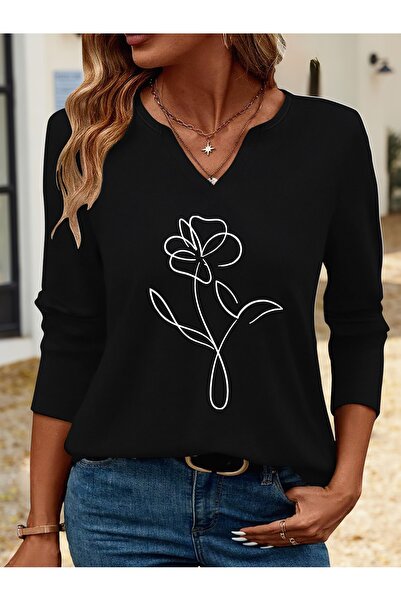 Deocept Black Printed Cotton V-Neck Long Sleeve Blouse